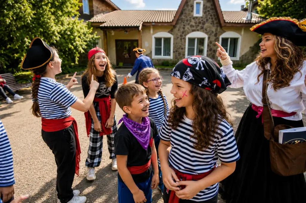Аниматоры в костюмах пиратов играют с детьми