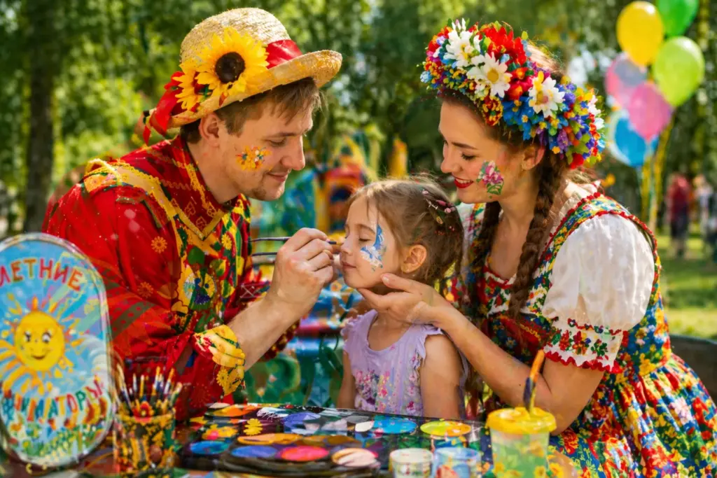 Аниматор рисует аквагрим ребёнку на празднике