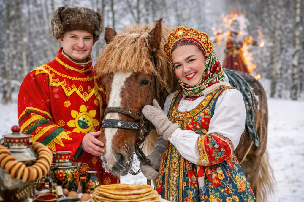 Аниматоры в русских костюмах с лошадью зимой